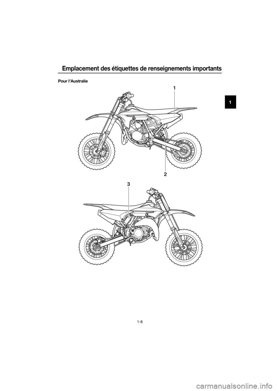 YAMAHA YZ65 2018  Notices Demploi (in French) Emplacement des étiquettes  de renseignements importants
1-8
1
Pour l’Australie
1
2
3
UBR880F0.book  Page 8  Tuesday, February 13, 2018  10:44 AM 