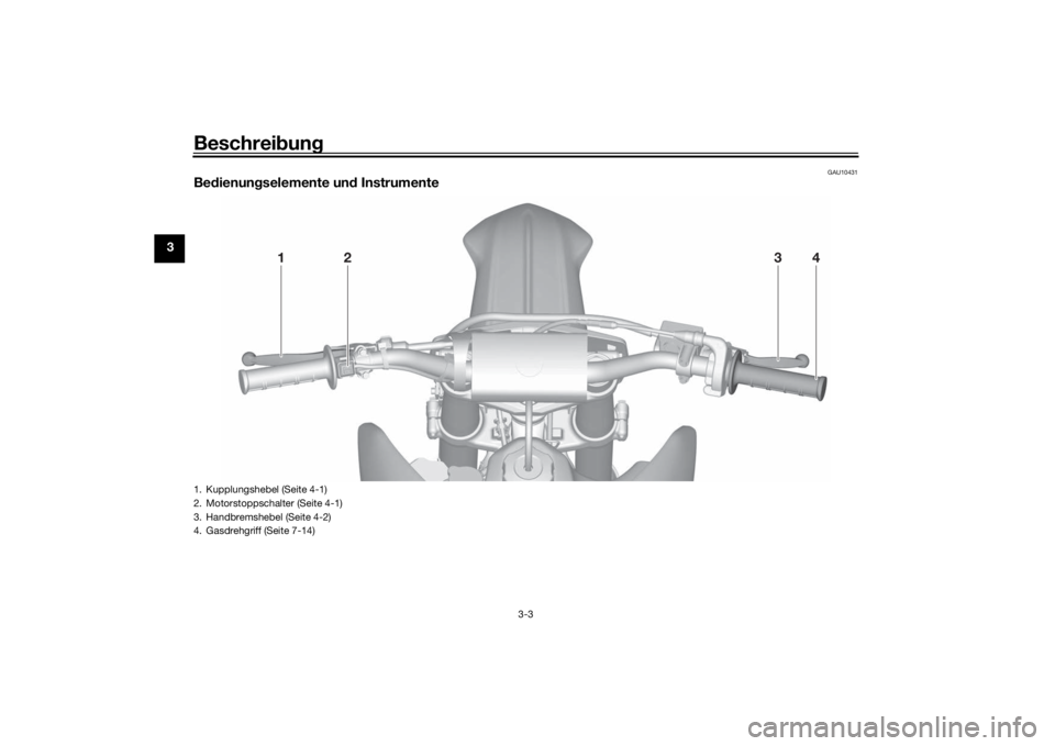 YAMAHA YZ85 2022  Betriebsanleitungen (in German) Beschreibung
3-3
3
GAU10431
Be dienun gselemente un d Instrumente
1
2
4
3
1. Kupplungshebel (Seite 4-1)
2. Motorstoppschalter (Seite 4-1)
3. Handbremshebel (Seite 4-2)
4. Gasdrehgriff (Seite 7-14)UB4B