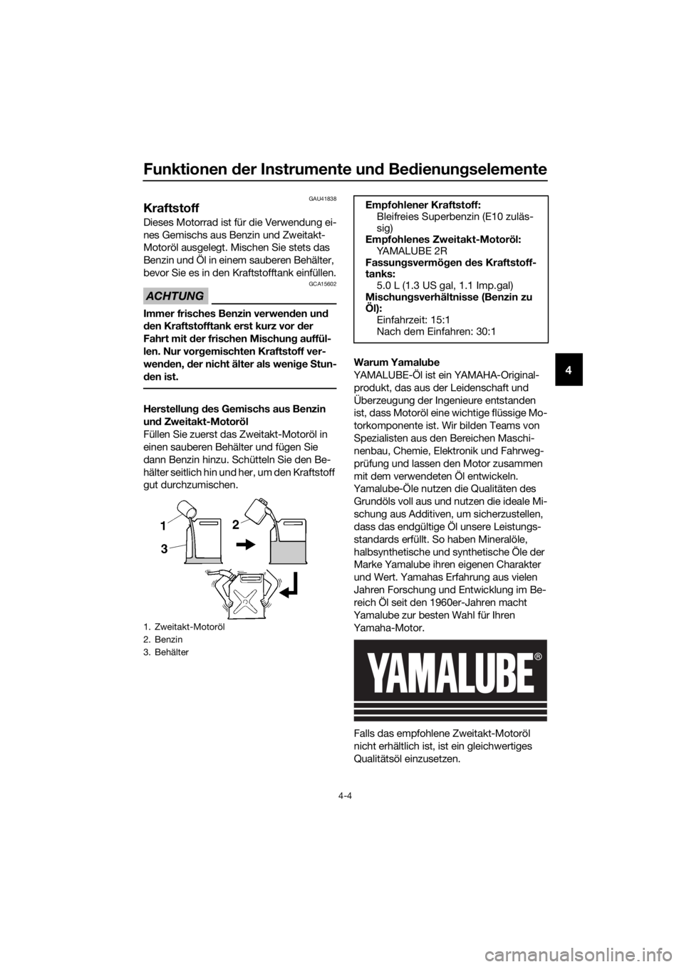 YAMAHA YZ85 2021 Betriebsanleitungen (in German) Funktionen der Instrumente un d Bed ienung selemente
4-4
4
GAU41838
Kraftstoff
Dieses Motorrad ist für die Verwendung ei-
nes Gemischs aus Benzin und Zweitakt-
Motoröl ausgelegt. Mischen Sie stets d YAMAHA YZ85 2021 Betriebsanleitungen (in German) Funktionen der Instrumente un d Bed ienung selemente
4-4
4
GAU41838
Kraftstoff
Dieses Motorrad ist für die Verwendung ei-
nes Gemischs aus Benzin und Zweitakt-
Motoröl ausgelegt. Mischen Sie stets d