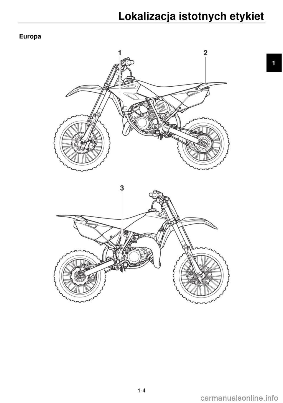 YAMAHA YZ85 2021  Instrukcja obsługi (in Polish) Lokalizacja istotnych etykiet  
 
1-4 
Europa 
 
 
   