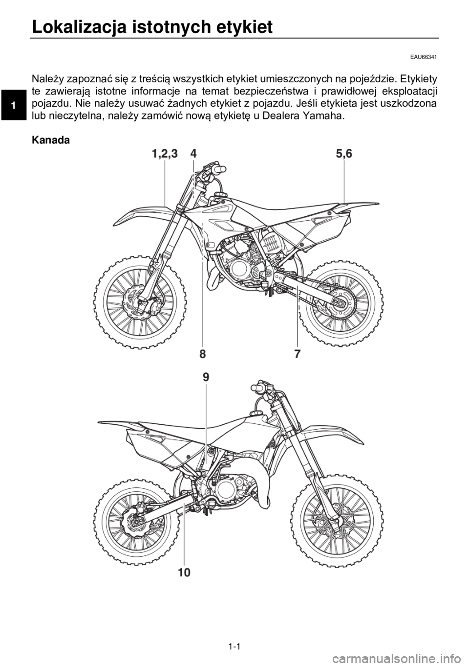 YAMAHA YZ85 2021  Instrukcja obsługi (in Polish) Lokalizacja istotnych etykiet 
 
1-1 
EAU66341  
Należy zapoznać się z treścią wszystkich etykiet umieszczonych na pojeździe. Etykiety 
te  zawierają  istotne  informacje  na  temat  bezpiecze