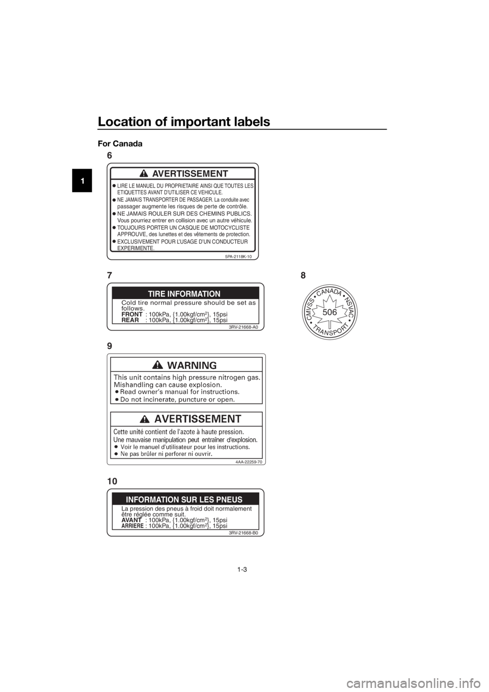 YAMAHA YZ85 2019  Owners Manual Location of important labels
1-3
1 For Cana
daAVERTISSEMENT
LIRE LE MANUEL DU PROPRIETAIRE AINSI QUE TOUTES LES
ETIQUETTES AVANT D’UTILISER CE VEHICULE.
NE JAMAIS TRANSPORTER DE PASSAGER. La conduit