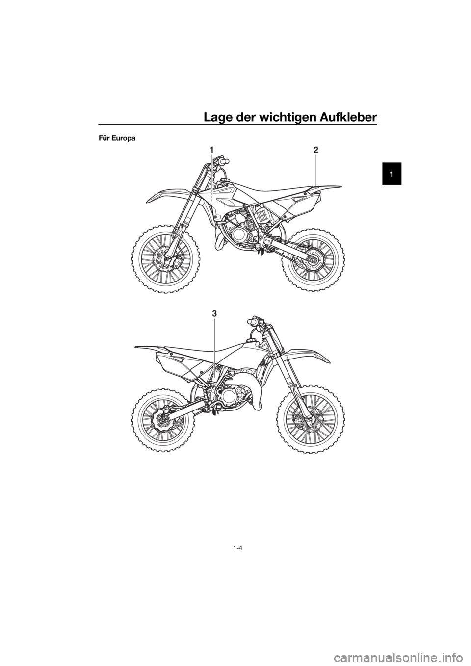 YAMAHA YZ85 2019  Betriebsanleitungen (in German) Lage  der wichti gen Aufkle ber
1-4
1
Für Europa
12
3
UB4B80G0.book  Page 4  Tuesday, March 27, 2018  11:40 AM 