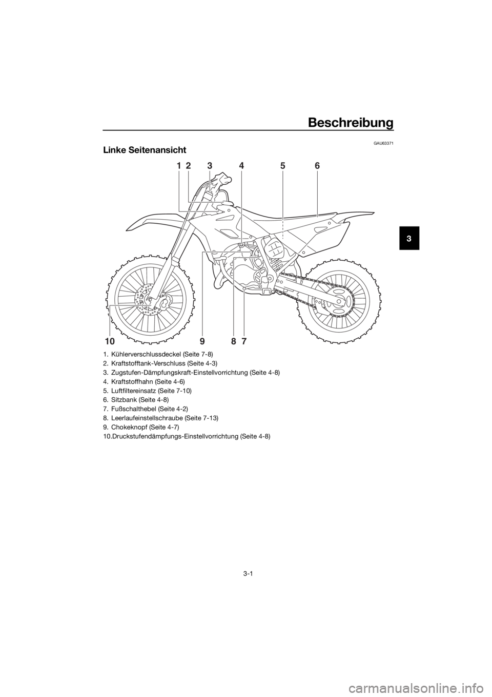 YAMAHA YZ85 2018  Betriebsanleitungen (in German) Beschreibun g
3-1
3
GAU63371
Linke  Seitenansicht
12
789
10 4
356
1. Kühlerverschlussdeckel (Seite 7-8)
2. Kraftstofftank-Verschluss (Seite 4-3)
3. Zugstufen-Dämpfungskraft-Einstellvorrichtung (Seit