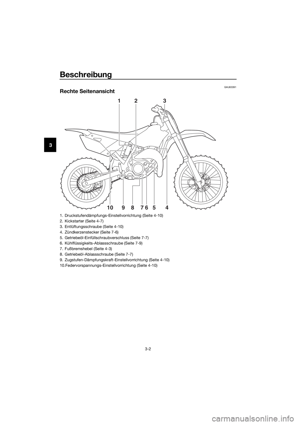 YAMAHA YZ85 2018  Betriebsanleitungen (in German) Beschreibung
3-2
3
GAU63391
Rechte  Seitenansicht
1
7
6894105
23
1. Druckstufendämpfungs-Einstellvorrichtung (Seite 4-10)
2. Kickstarter (Seite 4-7)
3. Entlüftungsschraube (Seite 4-10)
4. Zündkerze