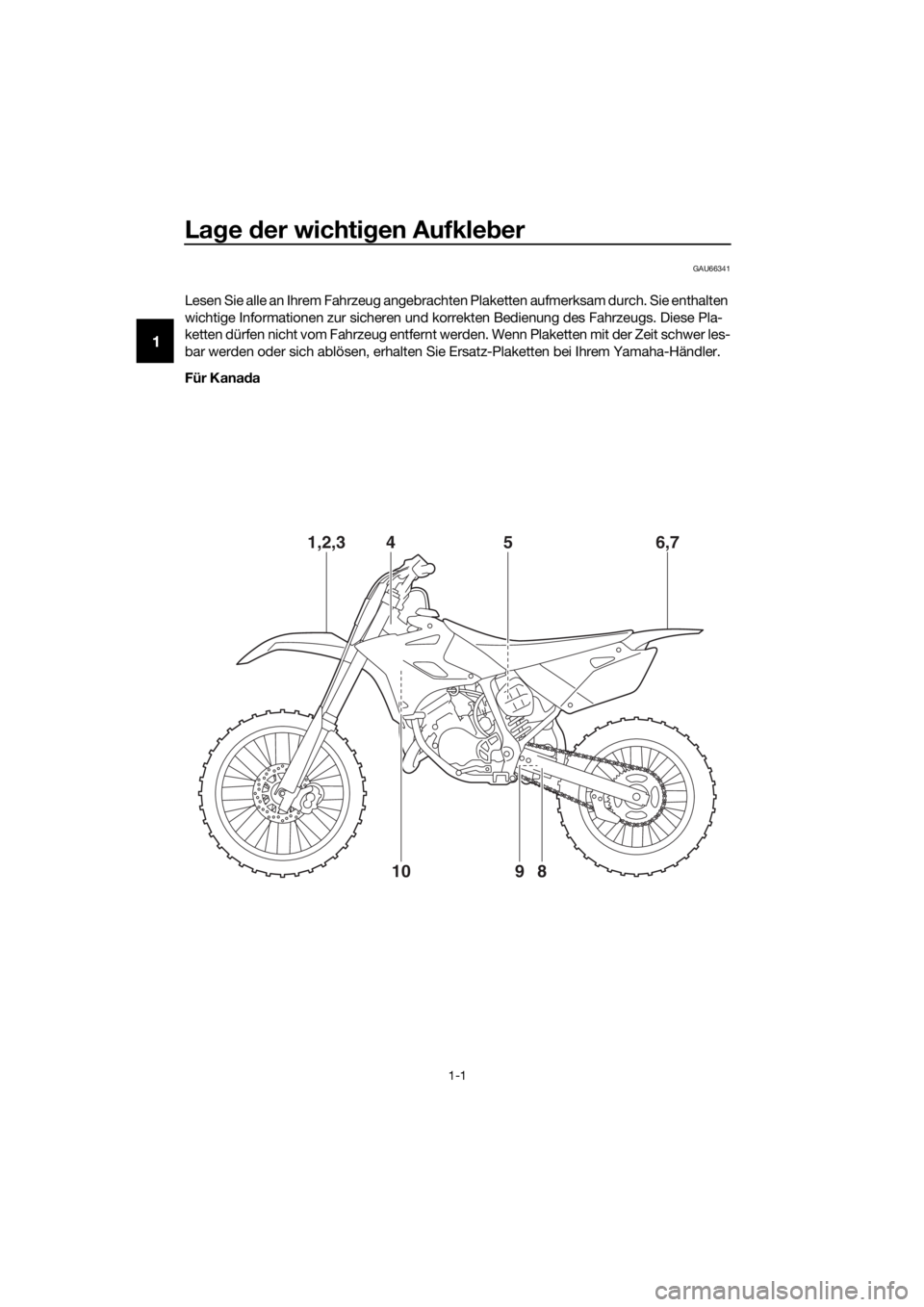 YAMAHA YZ85 2017  Betriebsanleitungen (in German) Lage  der wichti gen Aufkle ber
1-1
1
GAU66341
Lesen Sie alle an Ihrem Fahrzeug angebrachten Plaketten aufmerksam durch. Sie enthalten 
wichtige Informationen zur sicheren und korrekten Bedienung des 