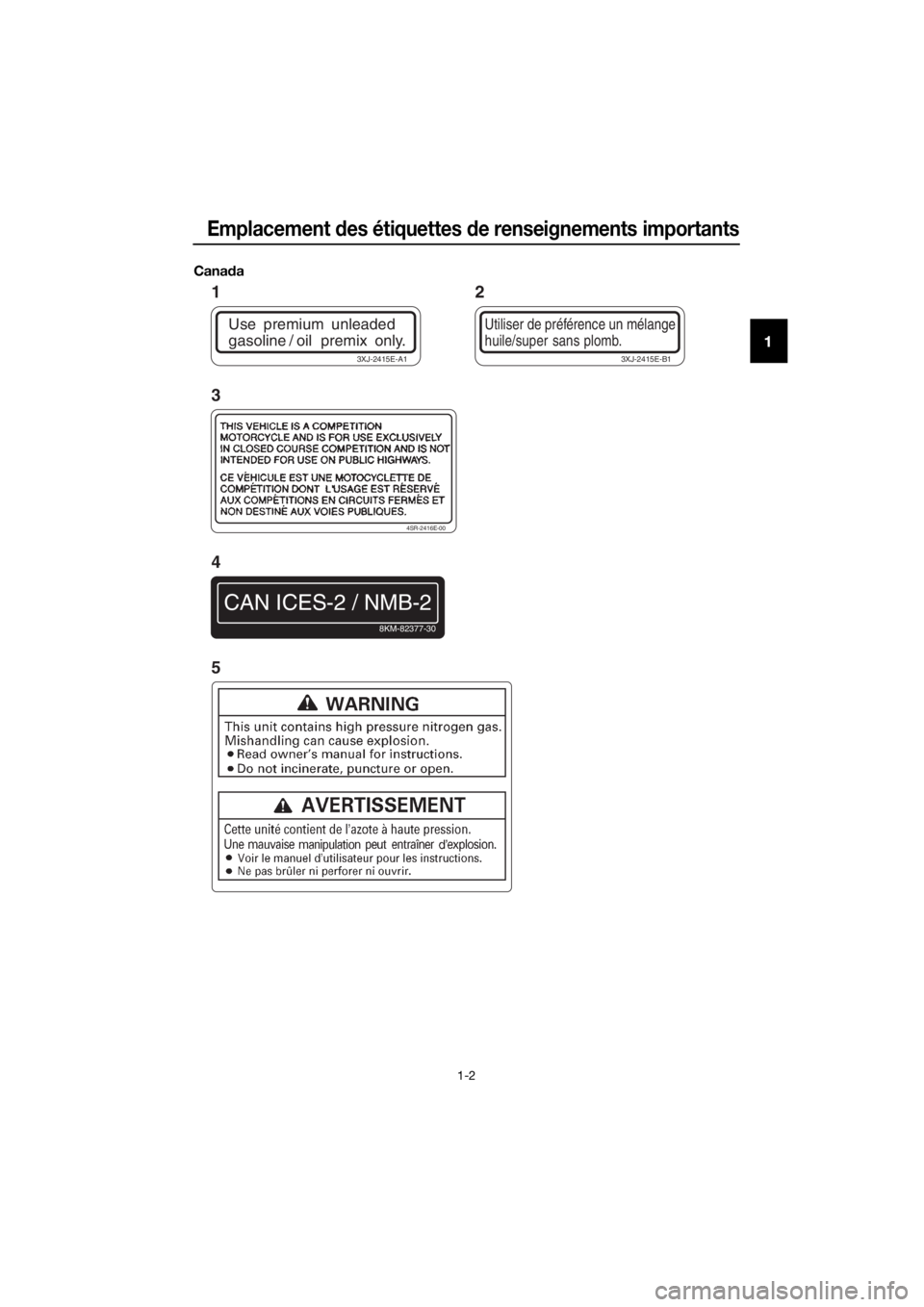 YAMAHA YZ85 2017  Notices Demploi (in French) Emplacement des étiquettes  de renseignements importants
1-2
1
Cana da
Use premium unleaded
gasoline /  oil    premix  only.
3XJ-2415E-A1
Utiliser de préférence un mélange
huile/super sans plomb.
