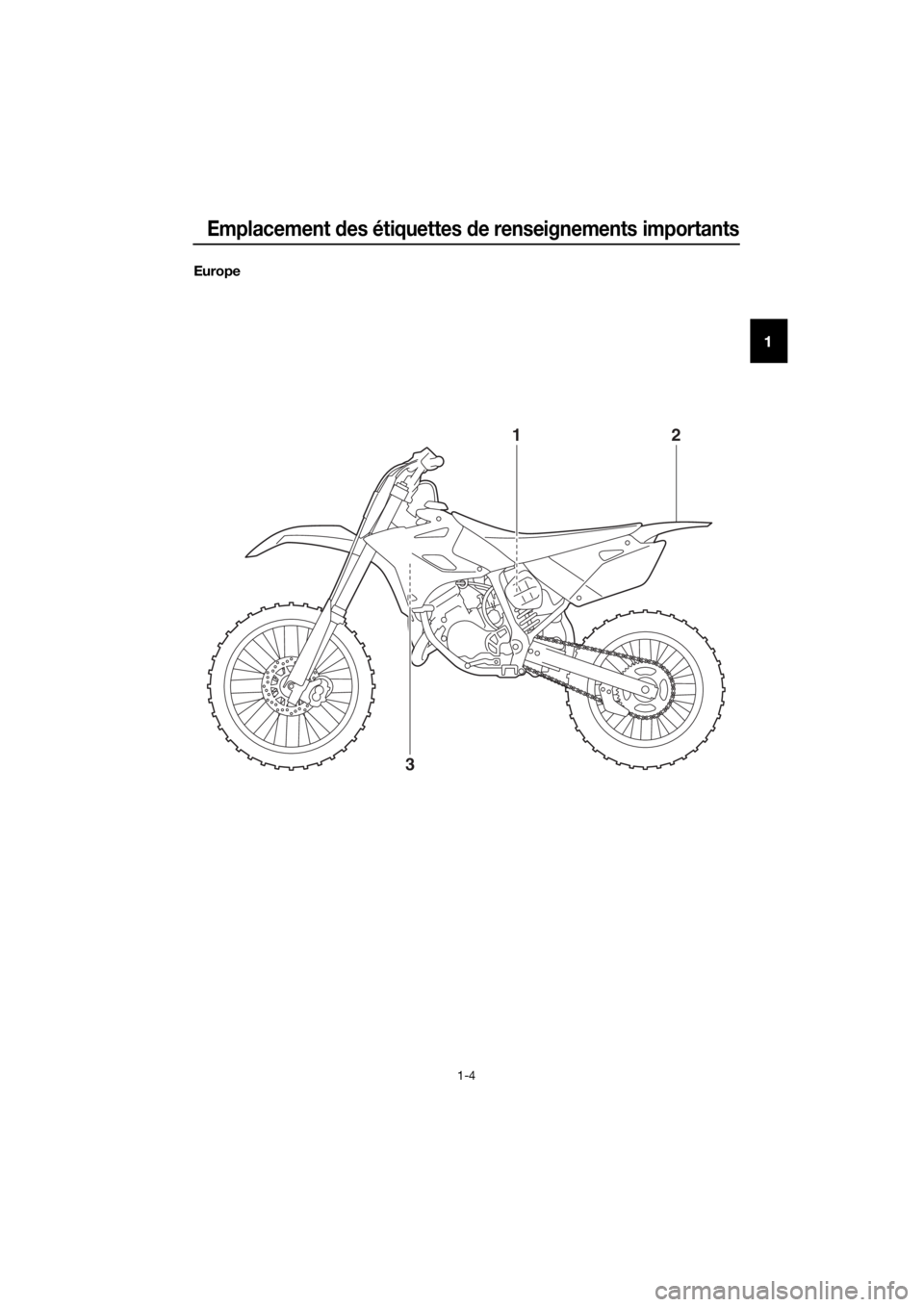 YAMAHA YZ85 2017  Notices Demploi (in French) Emplacement des étiquettes  de renseignements importants
1-4
1
Europe
3 12
U1SN85F0.book  Page 4  Friday, June 10, 2016  9:40 AM 