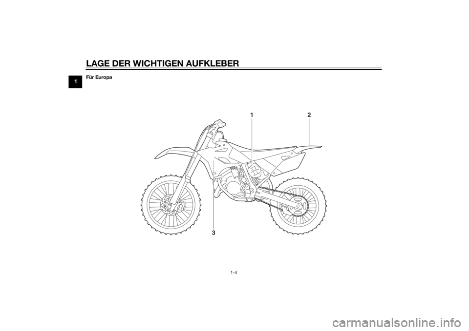 YAMAHA YZ85 2015  Betriebsanleitungen (in German) LAGE DER WICHTIGEN AUFKLEBER
1-4
1
Für Europa
312
U1SN83G0.book  Page 4  Wedne
sday, September 3, 2014  2:15 PM 