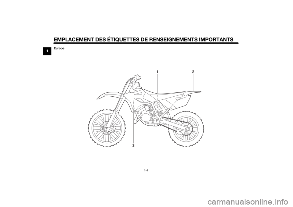 YAMAHA YZ85 2015  Notices Demploi (in French) EMPLACEMENT DES ÉTIQUETTES DE RENSEIGNEMENTS IMPORTANTS
1-4
1
Europe
312
U1SN83F0.book  Page 4  Wednesday, September 3, 2014  3:58 PM 