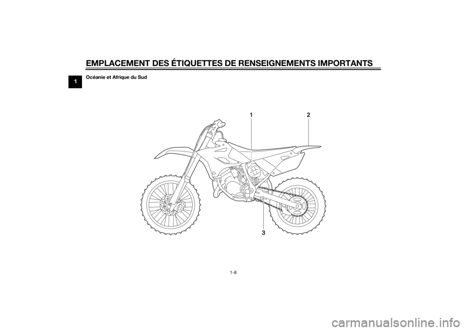 YAMAHA YZ85 2015  Notices Demploi (in French) EMPLACEMENT DES ÉTIQUETTES DE RENSEIGNEMENTS IMPORTANTS
1-8
1
Océanie et Afrique du Su d
3
12
U1SN83F0.book  Page 8  Wednesday, September 3, 2014  3:58 PM 
