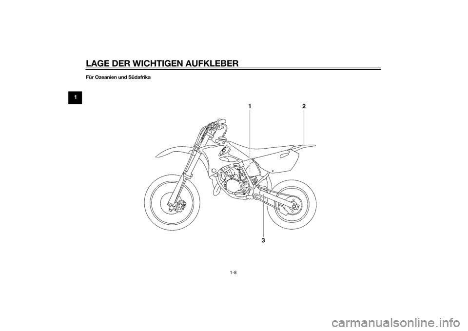 YAMAHA YZ85 2014  Betriebsanleitungen (in German) LAGE DER WICHTIGEN AUFKLEBER
1-8
1
Für Ozeanien und S üd afrika
1
2
3
U1SN82G0.book  Page 8  Friday, June 7, 2013  5:03 PM 