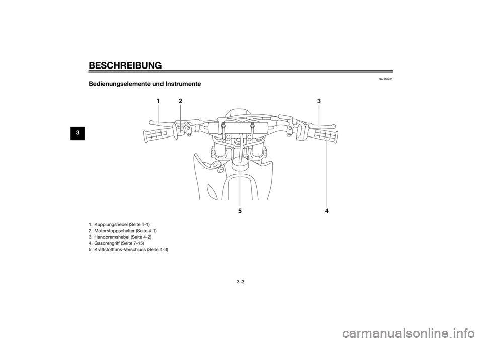 YAMAHA YZ85 2014  Betriebsanleitungen (in German) BESCHREIBUNG
3-3
3
GAU10431
Be dienun gselemente un d Instrumente
1
2
3
4
5
1. Kupplungshebel (Seite 4-1)
2. Motorstoppschalter (Seite 4-1)
3. Handbremshebel (Seite 4-2)
4. Gasdrehgriff (Seite 7-15)
5