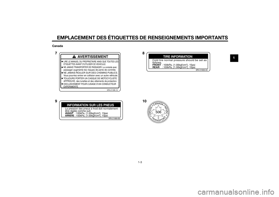 YAMAHA YZ85 2014  Notices Demploi (in French) EMPLACEMENT DES ÉTIQUETTES DE RENSEIGNEMENTS IMPORTANTS
1-3
1
Canada
AVERTISSEMENT
LIRE LE MANUEL DU PROPRIETAIRE AINSI QUE TOUTES LES
ETIQUETTES AVANT D’UTILISER CE VEHICULE.
NE JAMAIS TRANSPORTER