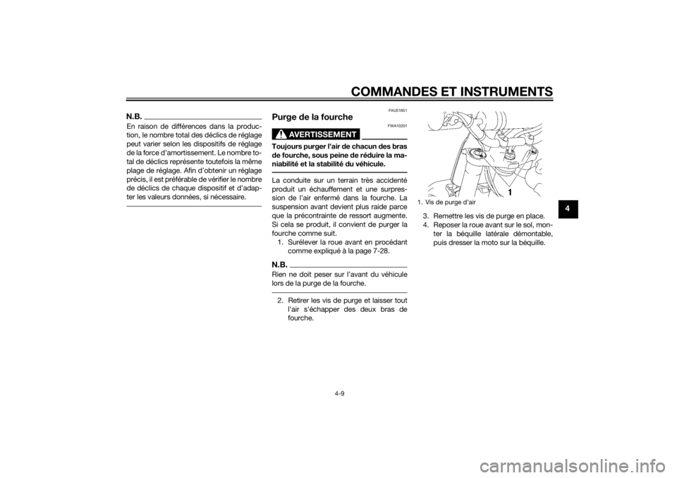 YAMAHA YZ85 2014 Notices Demploi (in French) COMMANDES ET INSTRUMENTS
4-9
4
N.B.En raison de différences dans la produc-
tion, le nombre total des déclics de réglage
peut varier selon les dispositifs de réglage
de la force d’amortissement. YAMAHA YZ85 2014 Notices Demploi (in French) COMMANDES ET INSTRUMENTS
4-9
4
N.B.En raison de différences dans la produc-
tion, le nombre total des déclics de réglage
peut varier selon les dispositifs de réglage
de la force d’amortissement.
