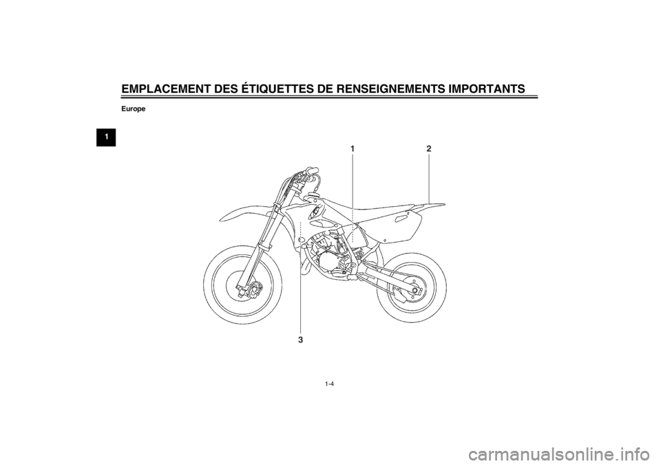 YAMAHA YZ85 2013  Notices Demploi (in French) EMPLACEMENT DES ÉTIQUETTES DE RENSEIGNEMENTS IMPORTANTS
1-4
1
Europe
1
2
3
U1SN81F0.book  Page 4  Wednesday, June 13, 2012  8:48 AM 