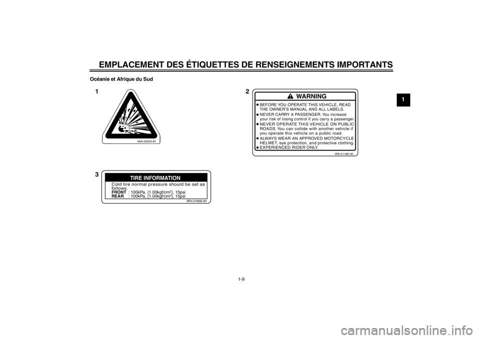 YAMAHA YZ85 2013  Notices Demploi (in French) EMPLACEMENT DES ÉTIQUETTES DE RENSEIGNEMENTS IMPORTANTS
1-9
1
Océanie et Afrique du Sud
4AA-22259-40
WARNING
BEFORE YOU OPERATE THIS VEHICLE, READ
THE OWNER’S MANUAL AND ALL LABELS.
NEVER CARRY A 