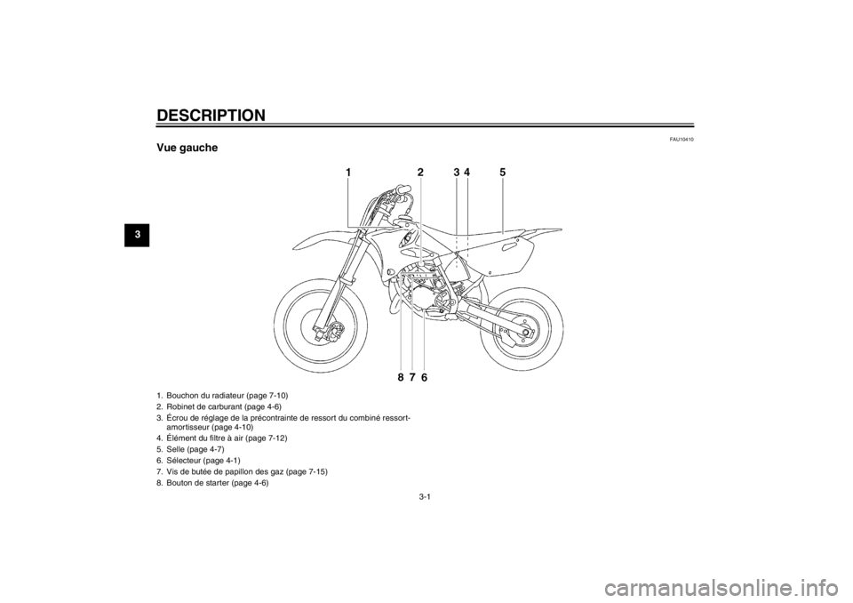 YAMAHA YZ85 2013  Notices Demploi (in French) DESCRIPTION
3-1
3
FAU10410
Vue gauche1. Bouchon du radiateur (page 7-10)
2. Robinet de carburant (page 4-6)
3. Écrou de réglage de la précontrainte de ressort du combiné ressort-amortisseur (page 