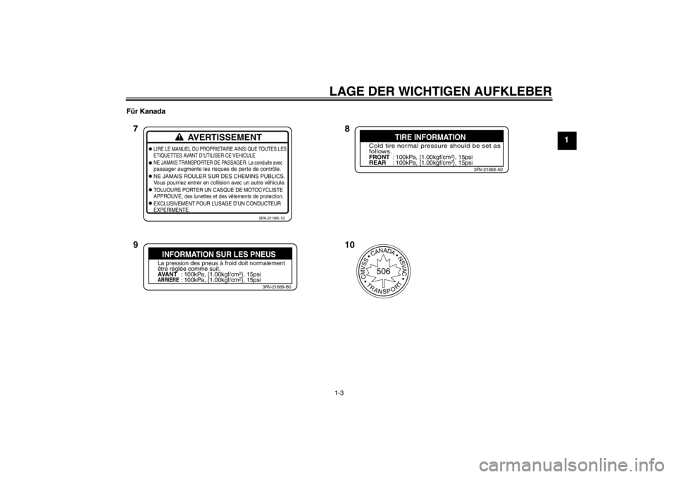 YAMAHA YZ85 2012  Betriebsanleitungen (in German) LAGE DER WICHTIGEN AUFKLEBER1-3
1
Für Kanada
AVERTISSEMENT
LIRE LE MANUEL DU PROPRIETAIRE AINSI QUE TOUTES LES
ETIQUETTES AVANT D ’UTILISER CE VEHICULE.
NE JAMAIS TRANSPORTER DE PASSAGER. La condui