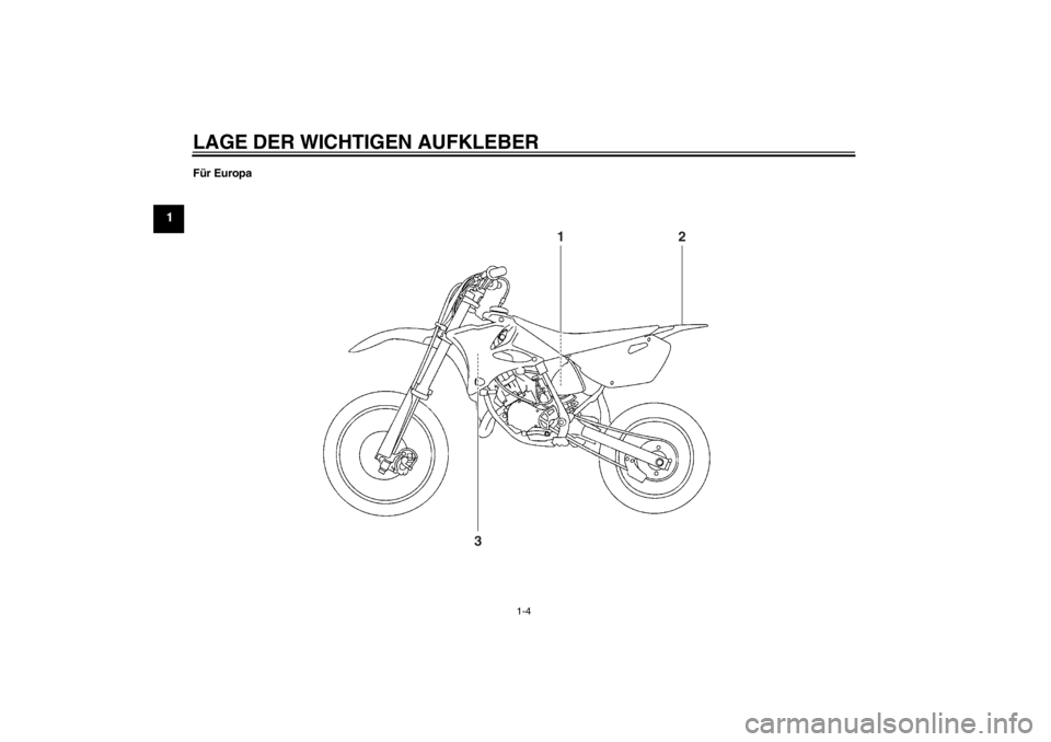 YAMAHA YZ85 2012  Betriebsanleitungen (in German) LAGE DER WICHTIGEN AUFKLEBER
1-4
1
Für Europa
1
2
3
U1SN80G0.book  Page 4  Wednesday, June 8, 2011  4:29 PM 