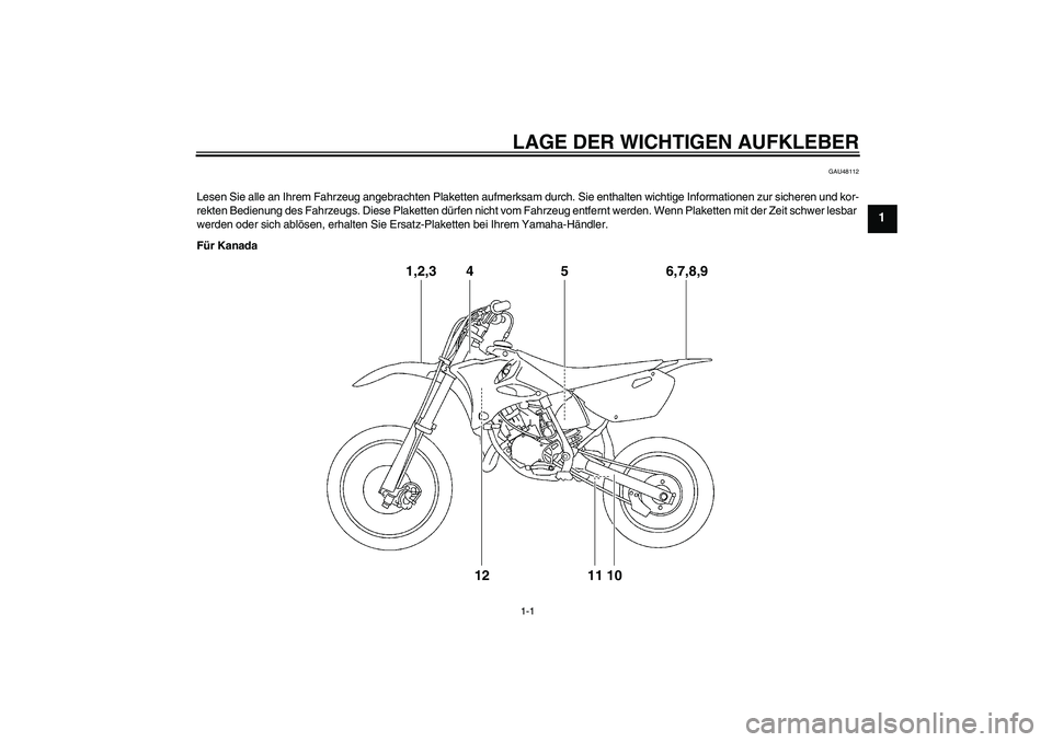 YAMAHA YZ85 2010  Betriebsanleitungen (in German) LAGE DER WICHTIGEN AUFKLEBER1-1
1
GAU48112
Lesen Sie alle an Ihrem Fahrzeug angebrachten Plaketten aufmerksam durch. Sie enthalten wichtige Informationen zur sicheren und kor-
rekten Bedienung des Fah