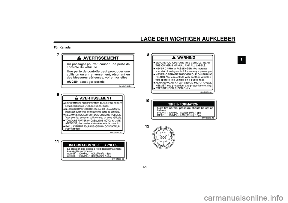 YAMAHA YZ85 2010 Betriebsanleitungen (in German) LAGE DER WICHTIGEN AUFKLEBER1-3
1
Für Kanada
AVERTISSEMENT
Un passager pourrait causer une perte de
contrôle du véhicule.
Une perte de contrôle peut provoquer une
collision ou un renversement, ré YAMAHA YZ85 2010 Betriebsanleitungen (in German) LAGE DER WICHTIGEN AUFKLEBER1-3
1
Für Kanada
AVERTISSEMENT
Un passager pourrait causer une perte de
contrôle du véhicule.
Une perte de contrôle peut provoquer une
collision ou un renversement, ré