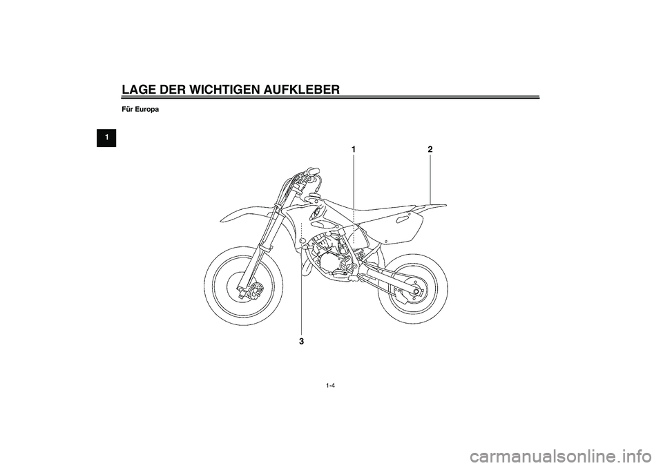 YAMAHA YZ85 2010  Betriebsanleitungen (in German) LAGE DER WICHTIGEN AUFKLEBER
1-4
1
Für Europa
1
2
3
U5PA88G0.book  Page 4  Tuesday, June 9, 2009  8:45 AM 