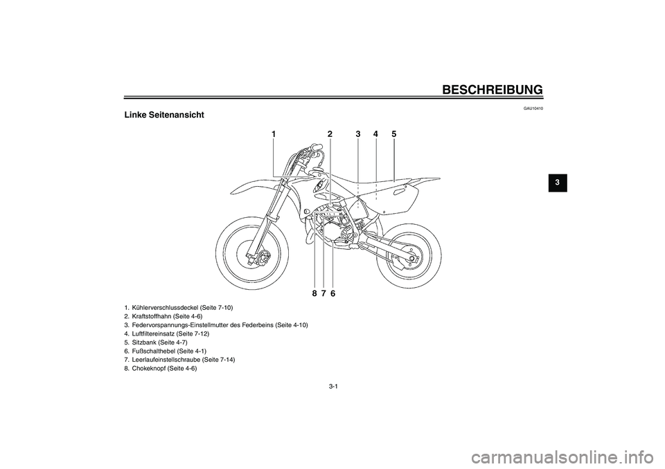 YAMAHA YZ85 2010  Betriebsanleitungen (in German) BESCHREIBUNG
3-1
3
GAU10410
Linke Seitenansicht1. Kühlerverschlussdeckel (Seite 7-10)
2. Kraftstoffhahn (Seite 4-6)
3. Federvorspannungs-Einstellmutter des Federbeins (Seite 4-10)
4. Luftfiltereinsat