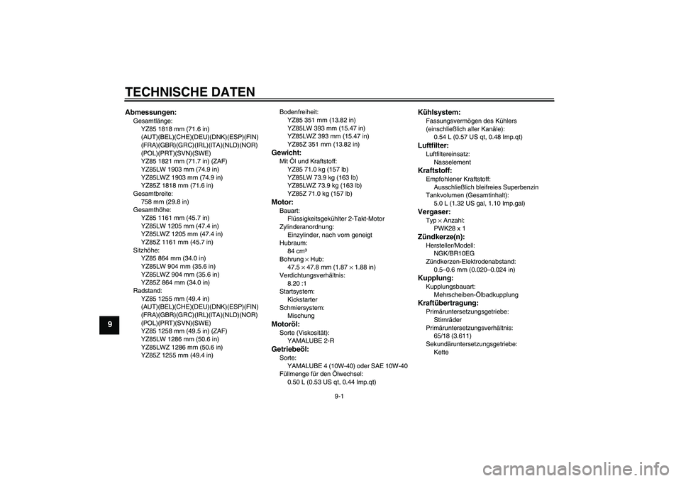YAMAHA YZ85 2010 Betriebsanleitungen (in German) TECHNISCHE DATEN
9-1
9
Abmessungen:Gesamtlänge:
YZ85 1818 mm (71.6 in)
(AUT)(BEL)(CHE)(DEU)(DNK)(ESP)(FIN)
(FRA)(GBR)(GRC)(IRL)(ITA)(NLD)(NOR)
(POL)(PRT)(SVN)(SWE)
YZ85 1821 mm (71.7 in) (ZAF)
YZ85L YAMAHA YZ85 2010 Betriebsanleitungen (in German) TECHNISCHE DATEN
9-1
9
Abmessungen:Gesamtlänge:
YZ85 1818 mm (71.6 in)
(AUT)(BEL)(CHE)(DEU)(DNK)(ESP)(FIN)
(FRA)(GBR)(GRC)(IRL)(ITA)(NLD)(NOR)
(POL)(PRT)(SVN)(SWE)
YZ85 1821 mm (71.7 in) (ZAF)
YZ85L