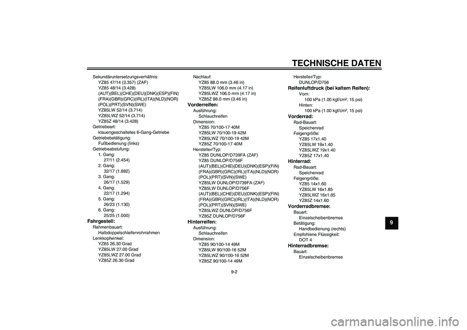 YAMAHA YZ85 2010 Betriebsanleitungen (in German) TECHNISCHE DATEN
9-2
9
Sekundäruntersetzungsverhältnis:
YZ85 47/14 (3.357) (ZAF)
YZ85 48/14 (3.428)
(AUT)(BEL)(CHE)(DEU)(DNK)(ESP)(FIN)
(FRA)(GBR)(GRC)(IRL)(ITA)(NLD)(NOR)
(POL)(PRT)(SVN)(SWE)
YZ85 YAMAHA YZ85 2010 Betriebsanleitungen (in German) TECHNISCHE DATEN
9-2
9
Sekundäruntersetzungsverhältnis:
YZ85 47/14 (3.357) (ZAF)
YZ85 48/14 (3.428)
(AUT)(BEL)(CHE)(DEU)(DNK)(ESP)(FIN)
(FRA)(GBR)(GRC)(IRL)(ITA)(NLD)(NOR)
(POL)(PRT)(SVN)(SWE)
YZ85