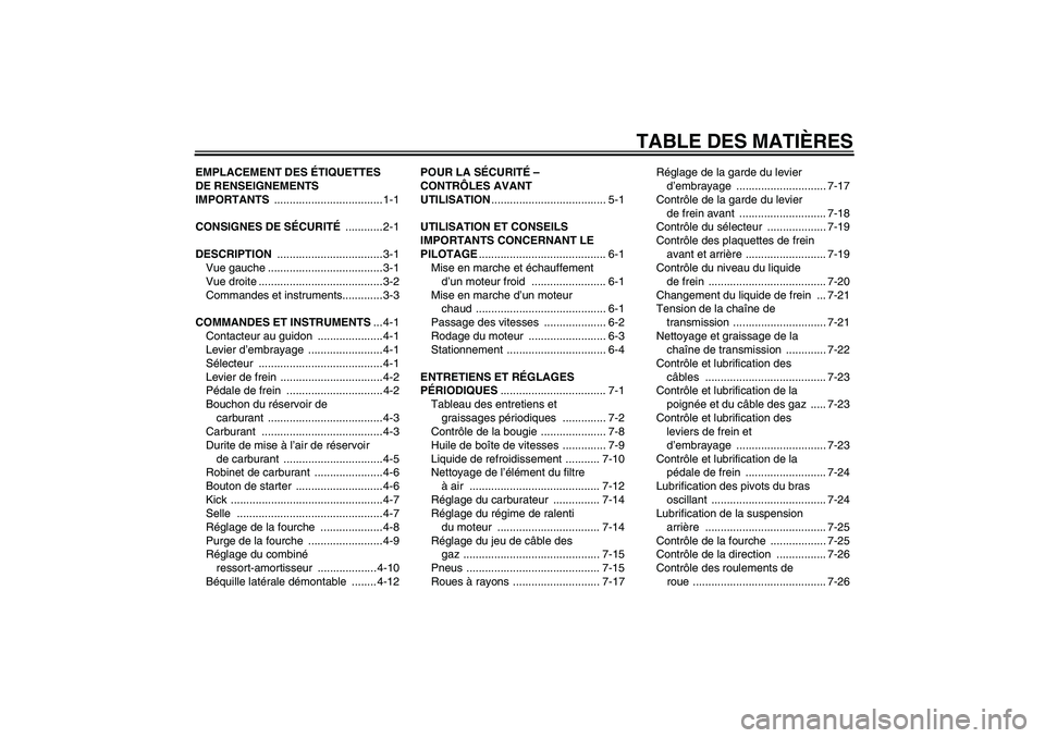 YAMAHA YZ85 2010  Notices Demploi (in French) TABLE DES MATIÈRES
EMPLACEMENT DES ÉTIQUETTES 
DE RENSEIGNEMENTS 
IMPORTANTS ................................... 1-1
CONSIGNES DE SÉCURITÉ ............ 2-1
DESCRIPTION ............................