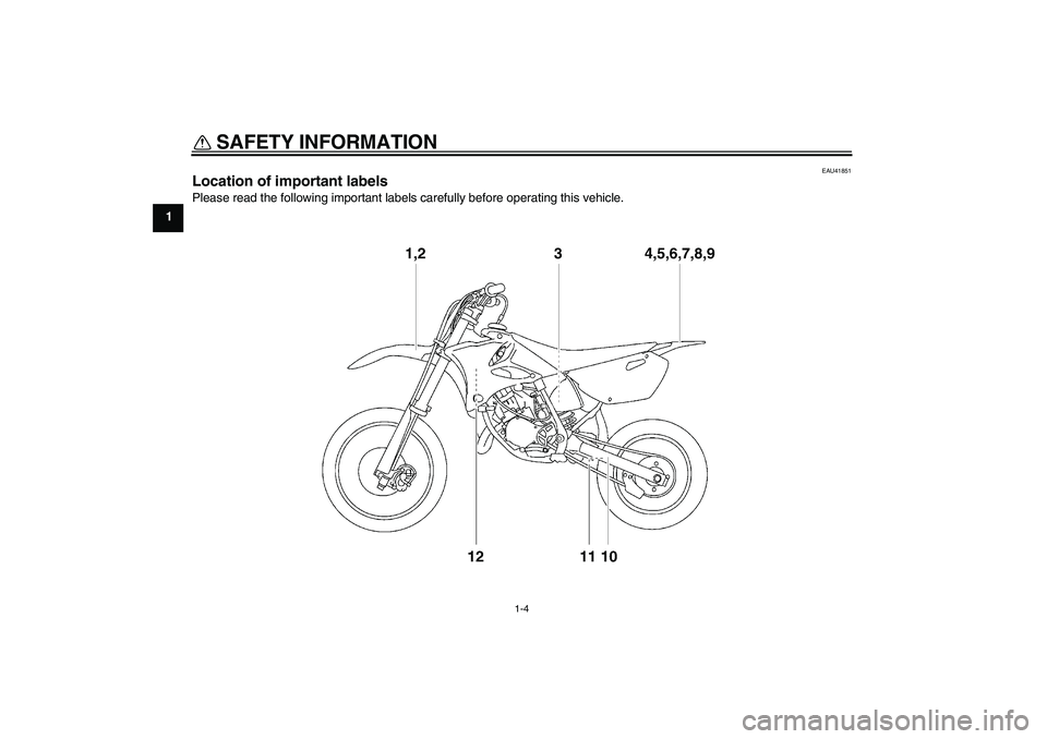 YAMAHA YZ85 2008  Owners Manual SAFETY INFORMATION
1-4
1
EAU41851
Location of important labels Please read the following important labels carefully before operating this vehicle.U5PA86E0.book  Page 4  Monday, April 9, 2007  3:16 PM 