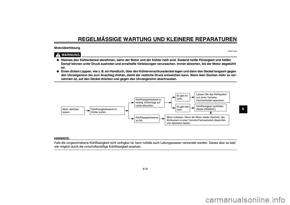 YAMAHA YZ85 2008  Betriebsanleitungen (in German) REGELMÄSSIGE WARTUNG UND KLEINERE REPARATUREN
6-31
6
Motorüberhitzung
WARNUNG
GWAT1040

Niemals den Kühlerdeckel abnehmen, wenn der Motor und der Kühler heiß sind. Siedend heiße Flüssigkeit un