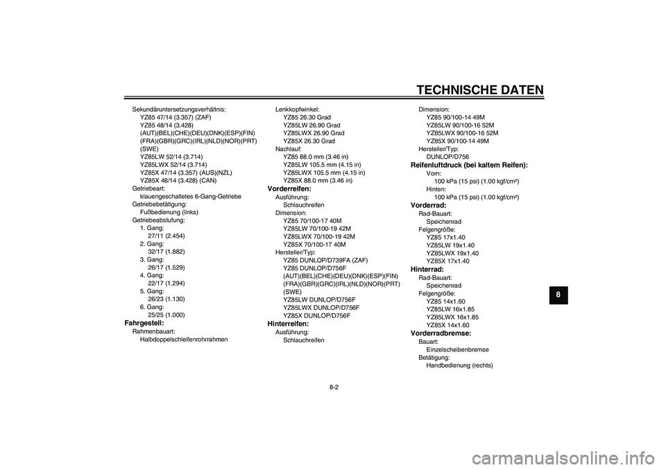 YAMAHA YZ85 2008 Betriebsanleitungen (in German) TECHNISCHE DATEN
8-2
8
Sekundäruntersetzungsverhältnis:
YZ85 47/14 (3.357) (ZAF)
YZ85 48/14 (3.428)
(AUT)(BEL)(CHE)(DEU)(DNK)(ESP)(FIN)
(FRA)(GBR)(GRC)(IRL)(NLD)(NOR)(PRT)
(SWE)
YZ85LW 52/14 (3.714 YAMAHA YZ85 2008 Betriebsanleitungen (in German) TECHNISCHE DATEN
8-2
8
Sekundäruntersetzungsverhältnis:
YZ85 47/14 (3.357) (ZAF)
YZ85 48/14 (3.428)
(AUT)(BEL)(CHE)(DEU)(DNK)(ESP)(FIN)
(FRA)(GBR)(GRC)(IRL)(NLD)(NOR)(PRT)
(SWE)
YZ85LW 52/14 (3.714