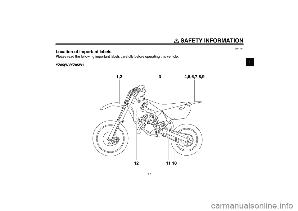 YAMAHA YZ85 2007  Owners Manual SAFETY INFORMATION
1-4
1
EAU41851
Location of important labels Please read the following important labels carefully before operating this vehicle.
YZ85(W)/YZ85W1
U5PA85E0.book  Page 4  Thursday, April