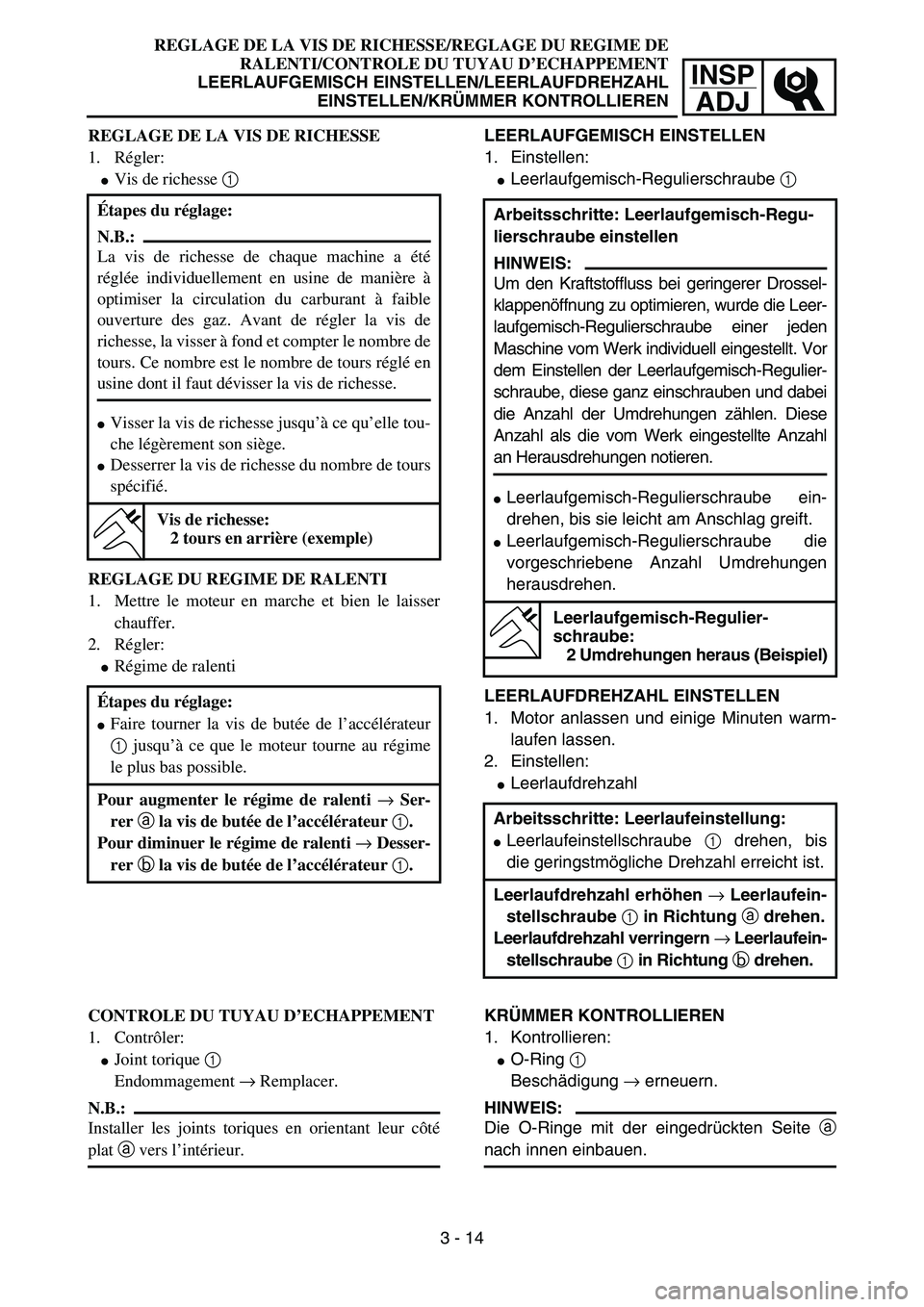 YAMAHA YZ85 2006  Notices Demploi (in French) 3- 18
INSP
ADJ
REGLAGE DE LA VIS DE RICHESSE
1. Régler:
Vis de richesse 1 
REGLAGE DU REGIME DE RALENTI
1. Mettre le moteur en marche et bien le laisser
chauffer.
2. Régler:
Régime de ralenti Ét