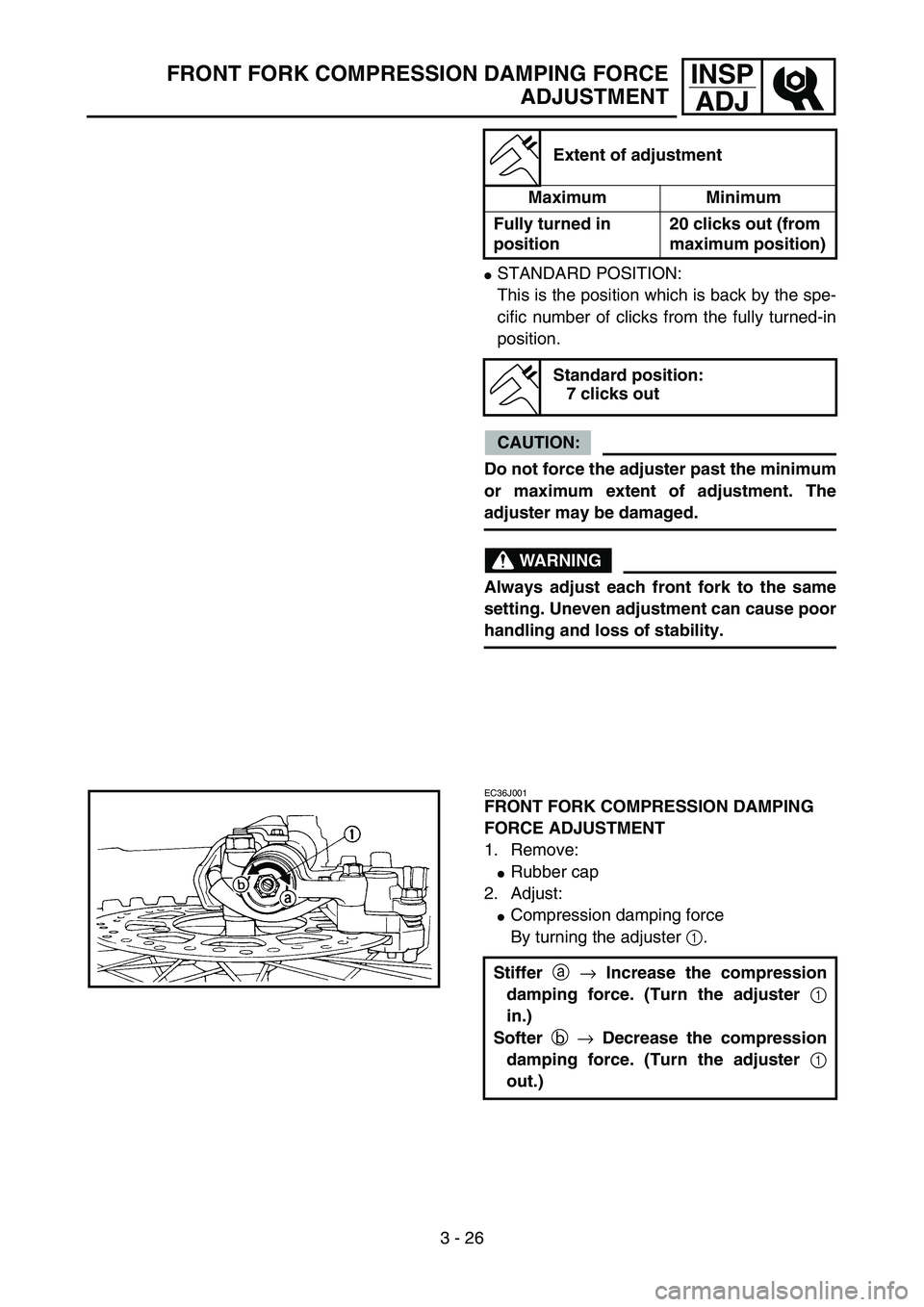 YAMAHA YZ85 2006  Notices Demploi (in French) 3 - 26
INSP
ADJFRONT FORK COMPRESSION DAMPING FORCE
ADJUSTMENT
STANDARD POSITION:
This is the position which is back by the spe-
cific number of clicks from the fully turned-in
position.
CAUTION:
Do 
