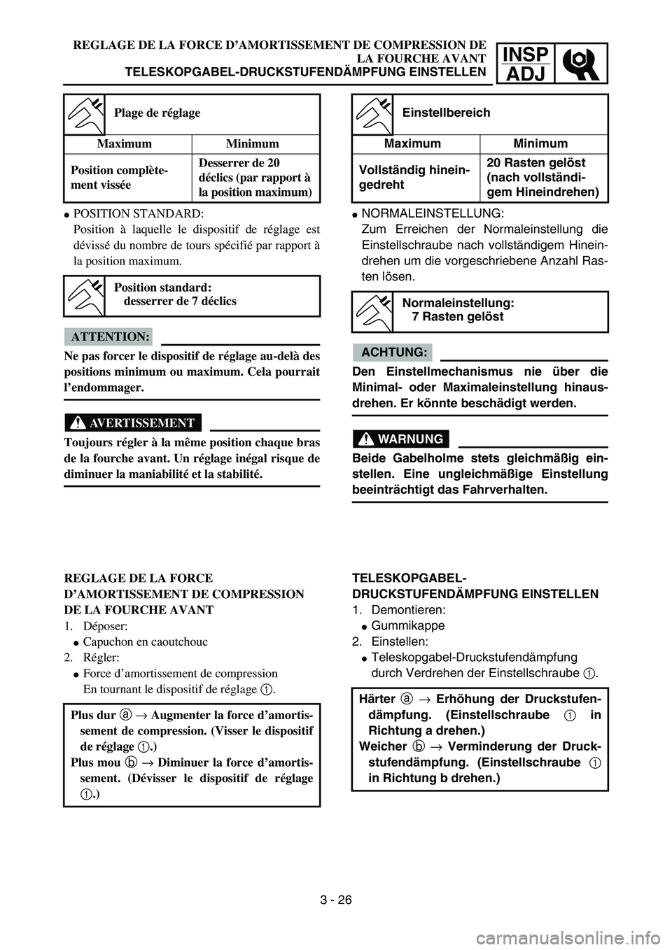 YAMAHA YZ85 2006  Notices Demploi (in French) 3- 30
INSP
ADJ
REGLAGE DE LA FORCE D’AMORTISSEMENT DE COMPRESSION DE
LA FOURCHE AVANT
TELESKOPGABEL-DRUCKSTUFENDÄMPFUNG EINSTELLEN
POSITION STANDARD:
Position à laquelle le dispositif de réglage