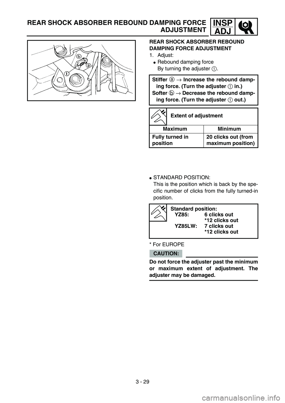 YAMAHA YZ85 2006  Notices Demploi (in French) 3 - 29
INSP
ADJREAR SHOCK ABSORBER REBOUND DAMPING FORCE
ADJUSTMENT
REAR SHOCK ABSORBER REBOUND 
DAMPING FORCE ADJUSTMENT
1. Adjust:
Rebound damping force
By turning the adjuster 1.
Stiffer 
a 
→ I