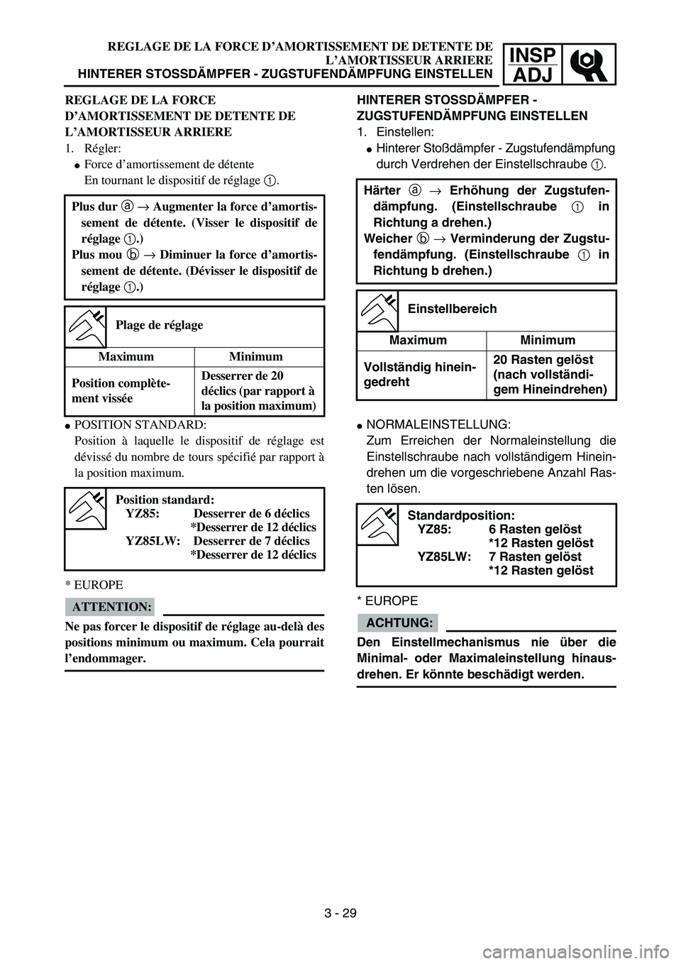 YAMAHA YZ85 2006  Notices Demploi (in French) 3- 33
INSP
ADJ
REGLAGE DE LA FORCE D’AMORTISSEMENT DE DETENTE DE
L’AMORTISSEUR ARRIERE
HINTERER STOSSDÄMPFER - ZUGSTUFENDÄMPFUNG EINSTELLEN
REGLAGE DE LA FORCE 
D’AMORTISSEMENT DE DETENTE DE 
