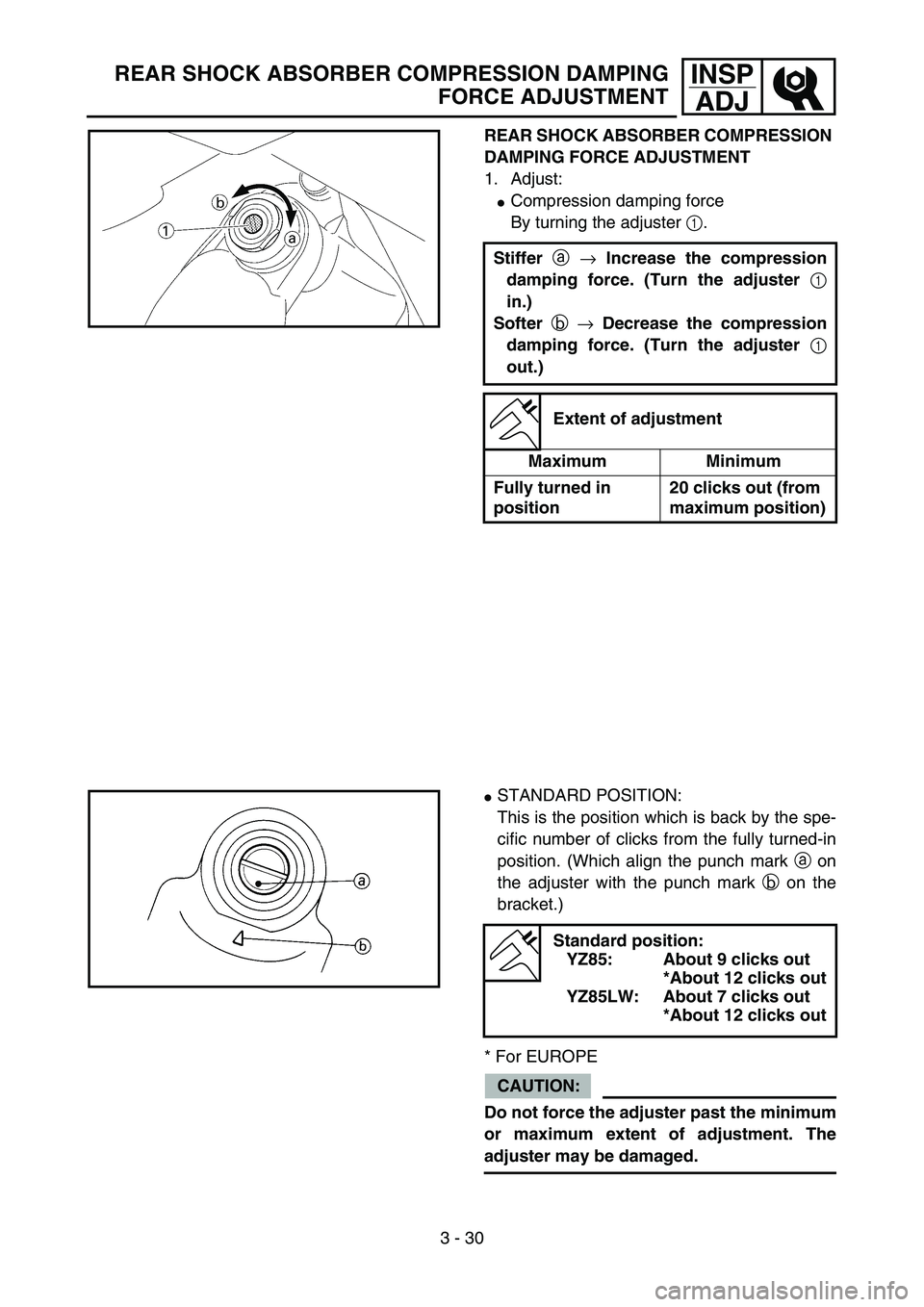 YAMAHA YZ85 2006  Notices Demploi (in French) 3 - 30
INSP
ADJREAR SHOCK ABSORBER COMPRESSION DAMPING
FORCE ADJUSTMENT
REAR SHOCK ABSORBER COMPRESSION 
DAMPING FORCE ADJUSTMENT
1. Adjust:
Compression damping force
By turning the adjuster 1.
Stiff
