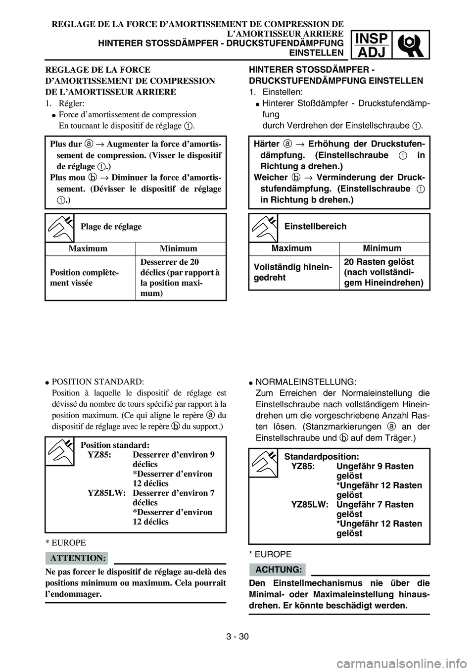 YAMAHA YZ85 2006  Notices Demploi (in French) INSP
ADJ
REGLAGE DE LA FORCE D’AMORTISSEMENT DE COMPRESSION DE
L’AMORTISSEUR ARRIERE
HINTERER STOSSDÄMPFER - DRUCKSTUFENDÄMPFUNG
EINSTELLEN
REGLAGE DE LA FORCE 
D’AMORTISSEMENT DE COMPRESSION 