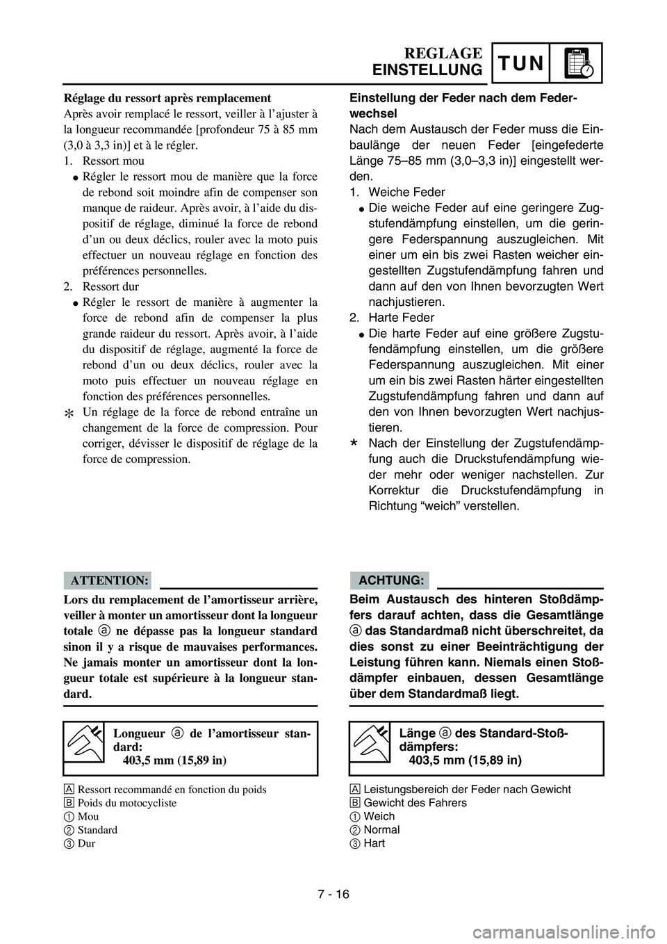 YAMAHA YZ85 2006  Notices Demploi (in French) TUN
Réglage du ressort après remplacement
Après avoir remplacé le ressort, veiller à l’ajuster à
la longueur recommandée [profondeur 75 à 85 mm
(3,0 à 3,3 in)] et à le régler.
1. Ressort 