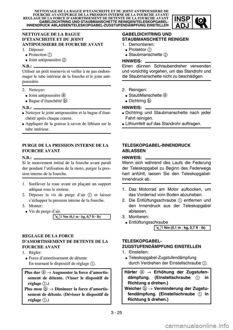 YAMAHA YZ85 2005 Betriebsanleitungen (in German) 3- 29
INSP
ADJ
NETTOYAGE DE LA BAGUE D’ETANCHEITE ET DU JOINT ANTIPOUSSIERE DE
FOURCHE AVANT/PURGE DE LA PRESSION INTERNE DE LA FOURCHE AVANT/
REGLAGE DE LA FORCE D’AMORTISSEMENT DE DETENTE DE LA YAMAHA YZ85 2005 Betriebsanleitungen (in German) 3- 29
INSP
ADJ
NETTOYAGE DE LA BAGUE D’ETANCHEITE ET DU JOINT ANTIPOUSSIERE DE
FOURCHE AVANT/PURGE DE LA PRESSION INTERNE DE LA FOURCHE AVANT/
REGLAGE DE LA FORCE D’AMORTISSEMENT DE DETENTE DE LA