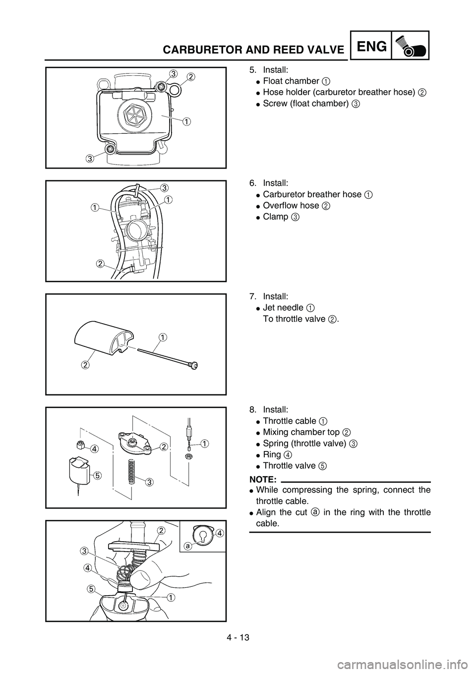 YAMAHA YZ85 2005  Notices Demploi (in French) 4 - 13
ENGCARBURETOR AND REED VALVE
5. Install:
Float chamber 1 
Hose holder (carburetor breather hose) 2 
Screw (float chamber) 3 
5PA40300
6. Install:
Carburetor breather hose 1 
Overflow hose 