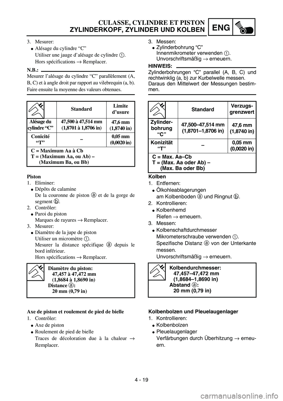 YAMAHA YZ85 2005 Betriebsanleitungen (in German) 4 - 19
ENG
3. Mesurer:
Alésage du cylindre “C”
Utiliser une jauge d’alésage de cylindre 1.
Hors spécifications → Remplacer.
N.B.:
Mesurer l’alésage du cylindre “C” parallèlement (A YAMAHA YZ85 2005 Betriebsanleitungen (in German) 4 - 19
ENG
3. Mesurer:
Alésage du cylindre “C”
Utiliser une jauge d’alésage de cylindre 1.
Hors spécifications → Remplacer.
N.B.:
Mesurer l’alésage du cylindre “C” parallèlement (A