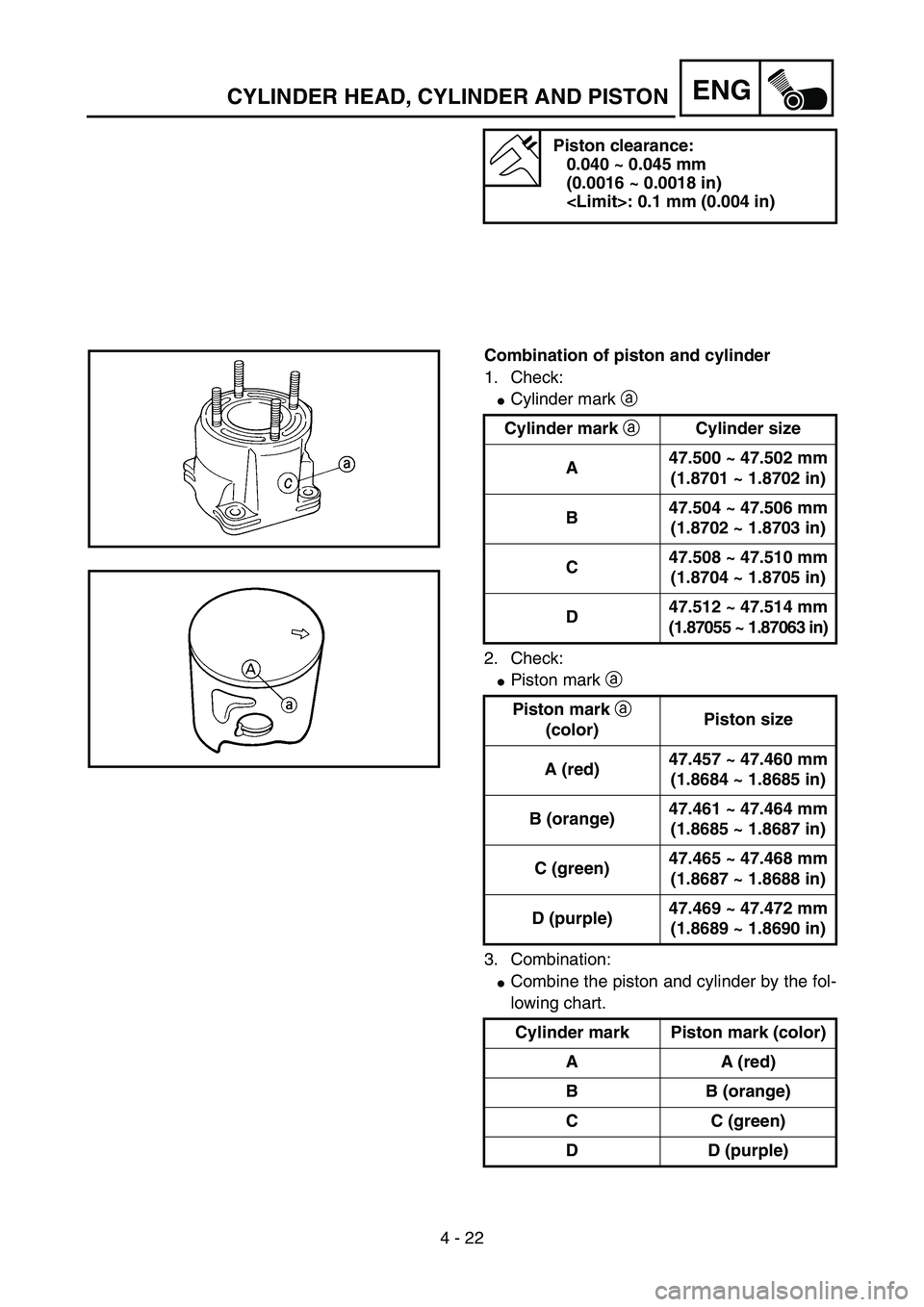 YAMAHA YZ85 2005  Betriebsanleitungen (in German) 4 - 22
ENG
Piston clearance:
0.040 ~ 0.045 mm
(0.0016 ~ 0.0018 in)
<Limit>: 0.1 mm (0.004 in)
Combination of piston and cylinder
1. Check:
Cylinder mark a 
2. Check:
Piston mark a 
3. Combination:
