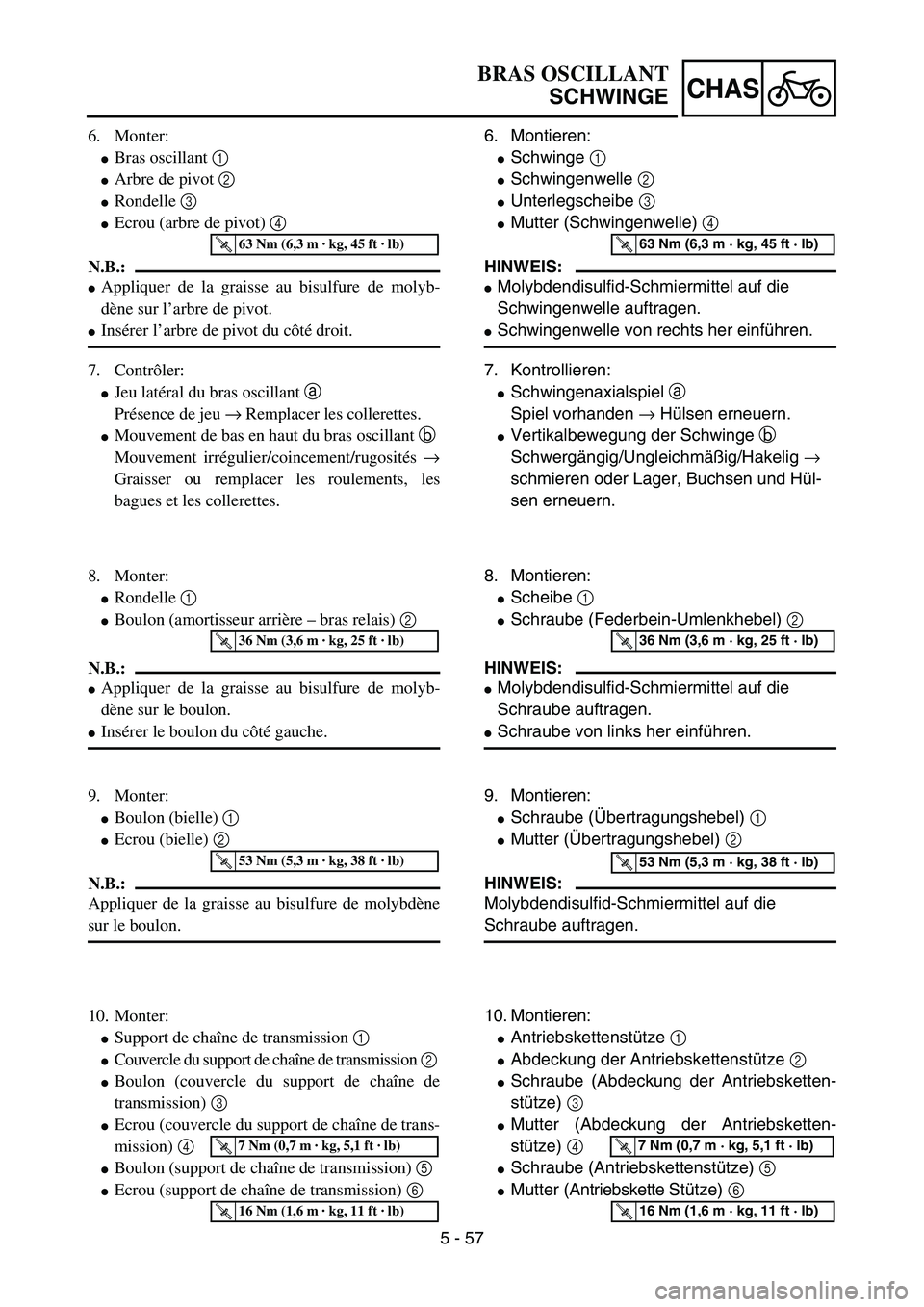YAMAHA YZ85 2005 Notices Demploi (in French) 5 - 57
CHAS
6. Monter:
Bras oscillant 1
Arbre de pivot 2
Rondelle 3
Ecrou (arbre de pivot) 4
N.B.:
Appliquer de la graisse au bisulfure de molyb-
dène sur l’arbre de pivot.
Insérer l’a YAMAHA YZ85 2005 Notices Demploi (in French) 5 - 57
CHAS
6. Monter:
Bras oscillant 1
Arbre de pivot 2
Rondelle 3
Ecrou (arbre de pivot) 4
N.B.:
Appliquer de la graisse au bisulfure de molyb-
dène sur l’arbre de pivot.
Insérer l’a