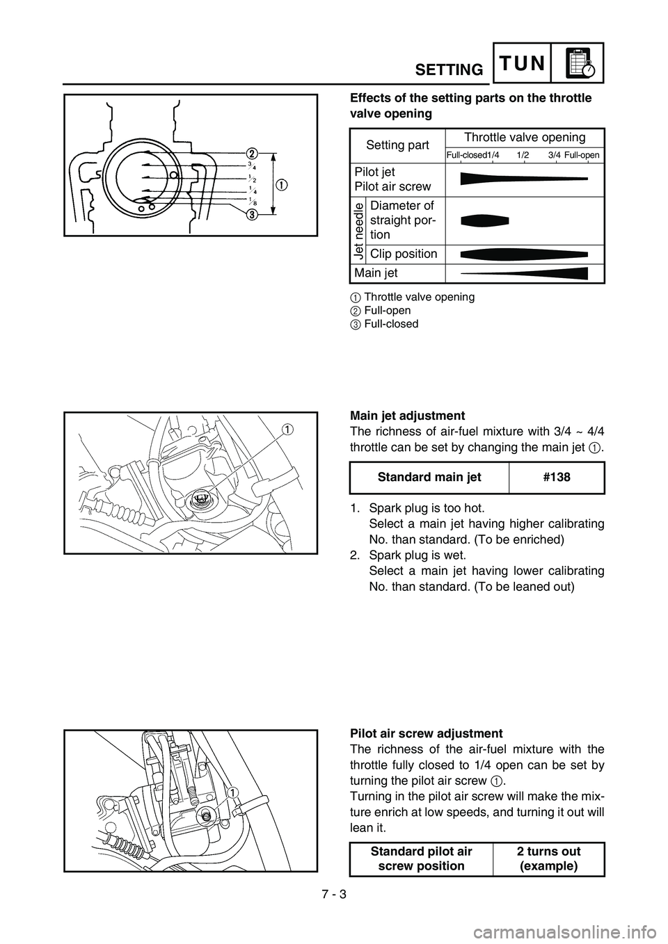 YAMAHA YZ85 2005  Notices Demploi (in French) 7 - 3
TUNSETTING
Effects of the setting parts on the throttle 
valve opening
1Throttle valve opening
2Full-open
3Full-closed
Setting partThrottle valve openingFull-closed1/4 1/2 3/4 Full-open
Pilot je