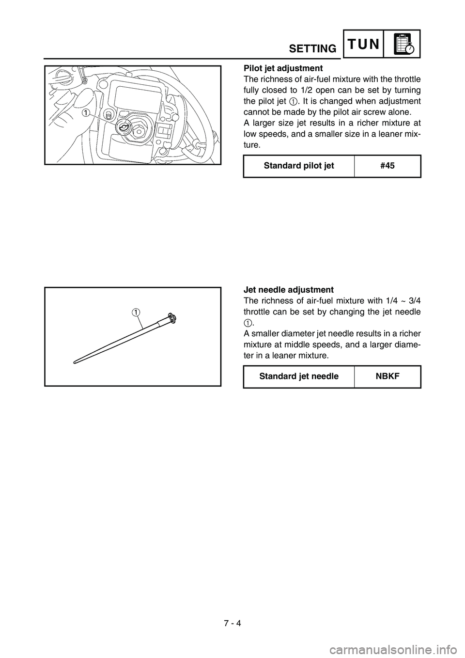 YAMAHA YZ85 2005  Notices Demploi (in French) 7 - 4
TUNSETTING
Pilot jet adjustment
The richness of air-fuel mixture with the throttle
fully closed to 1/2 open can be set by turning
the pilot jet 1. It is changed when adjustment
cannot be made by